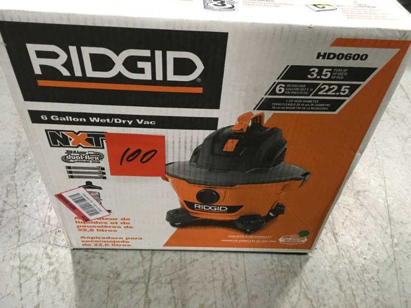 lot 100 image: RIDGID 6 Gal. 3.5-Peak HP NXT WetDry Vac in good condition