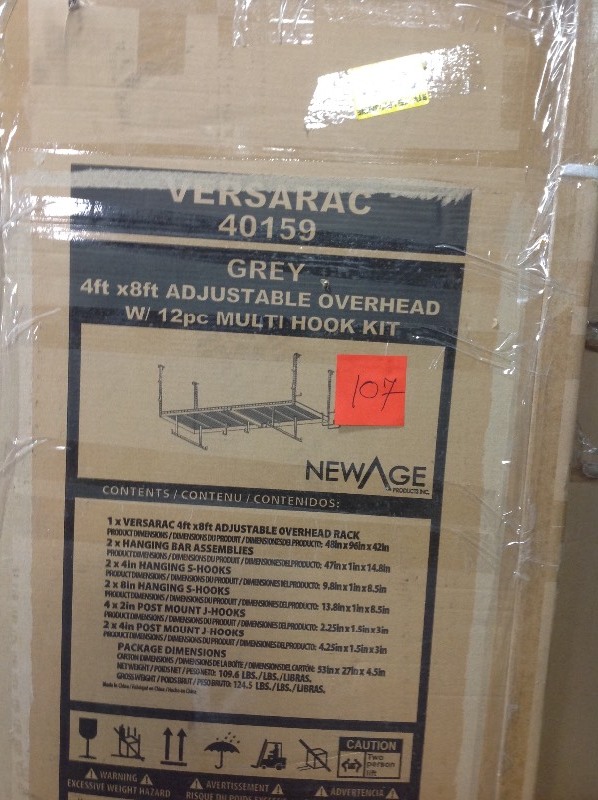 lot 107 image: NewAge Products  VersaRac 42 in. H x 48 in. W x 96 in. D Adjustable Height Garage Ceiling Mounted Storage Unit in Gray w12-Piece Hooks not used