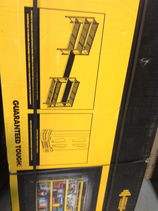 lot 108 image: DEWALT  72 in. H x 77 in. W x 24 in. D 4-Shelf SteelLaminate Expandable Industrial Storage Rack Unit in Yellow  not used