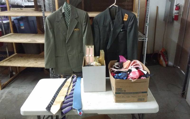 Large Lot Of Mens Suits, Suspenders, Neck Ties, Formal Accessories