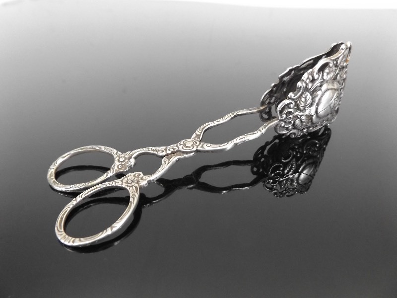 lot 3 image: Antique .800 Silver Rose Motif Victorian Scissor Tongs
