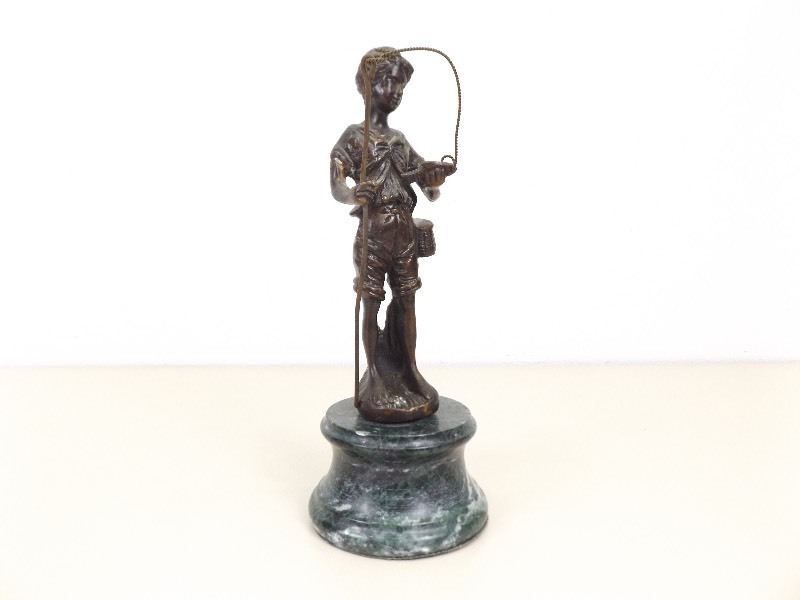 Vintage 9 Bronze Statue on Marble Base of Boy Fishing