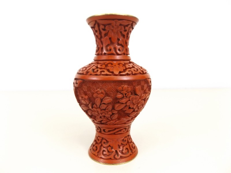 lot 19 image: Vintage Asian Carved Cinnabar Enamel Vase