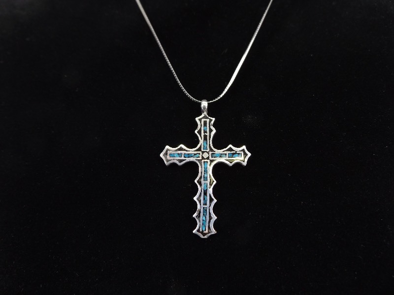 lot 51 image: .925 Sterling Silver Inlaid Turquiose Cross Necklace
