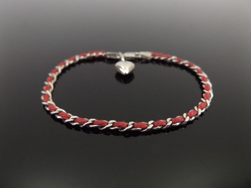 lot 83 image: .925 Sterling Silver 7 MG Curb Link Bracelet with Woven Dark Pink Rope&nbsp