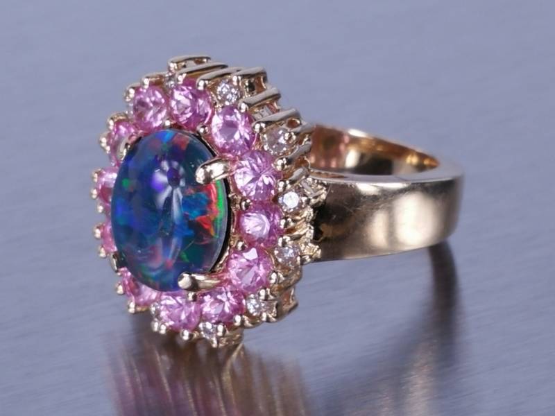 Black Opal, Pink Sapphire, and Diamond Estate Ring 14k