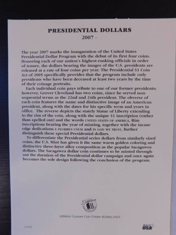 lot 35 image: Littleton Archival Quality Presidential Dollar Album 2007-2016 with 20 Presidential Dollar Coins (2007-2011)