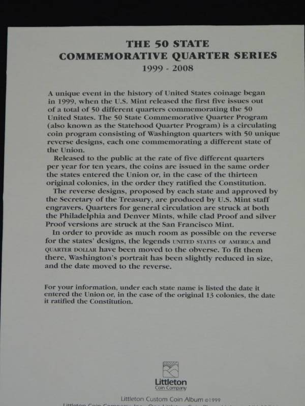 lot 36 image: Littleton State Quarters 1999-2008 Album with Complete Set of All 50 US State Quarters - INSTANT COIN COLLECTION