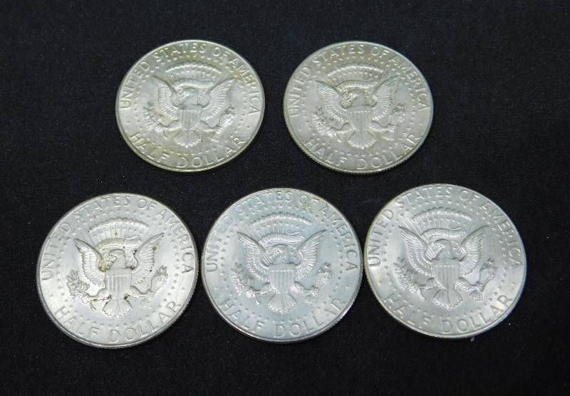 lot 33 image: Five 40% Silver Kennedy Half Dollar Coins