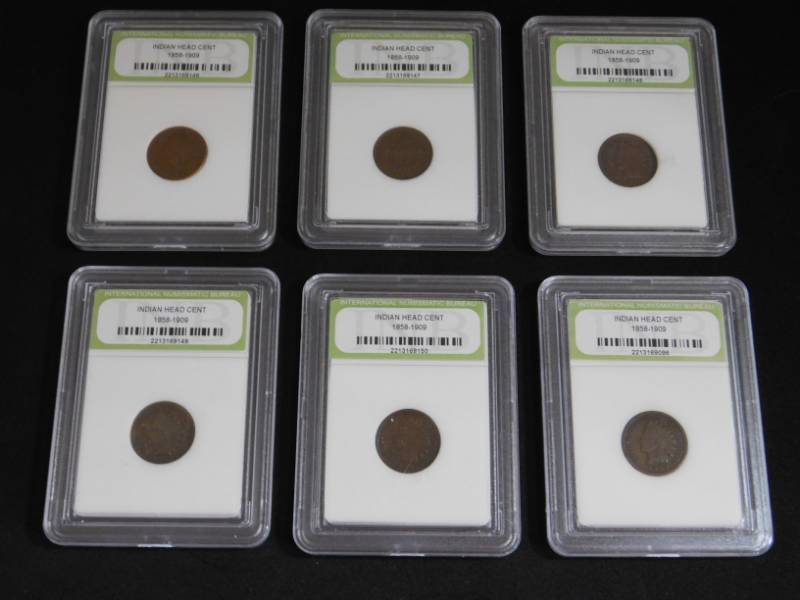 lot 34 image: Six Indian Head Pennies 1892, 1893, 1895, 1897, 1898, 1899 Coins