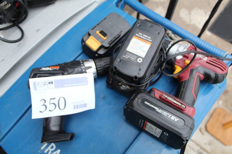 lot 350 image: Chicago ElectricDrill Master 18V Cordless Drills, Battery, Chargers