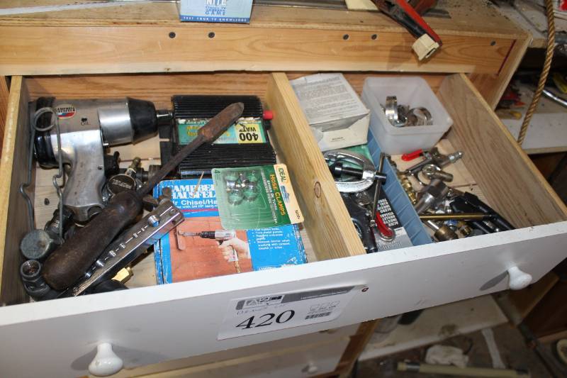 lot 420A image: Air Tool Fittings, Pullers, Hose Clamps, Campbell-Hausfeld Air Impact Wrench, Power On Board 400W Power Inverter