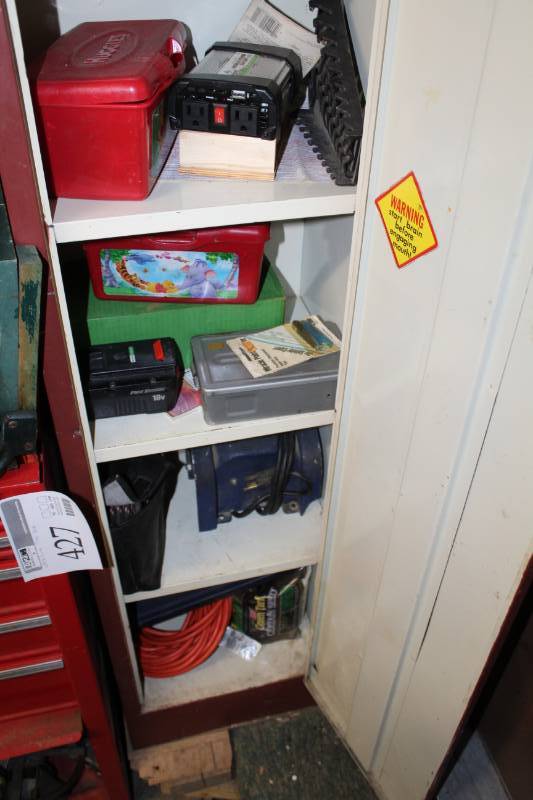 lot 430 image: Mobile Power Outlet, Tool Box with Hand Tools, Sockets, Hardware, Pressure Gauge with Hose, Speedway Bench Grinder, Extension Cords, And More