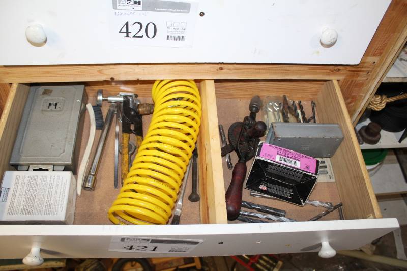 lot 421 image: Air Hose, Drill Bits, Socket Extension, Hand Drill, And More
