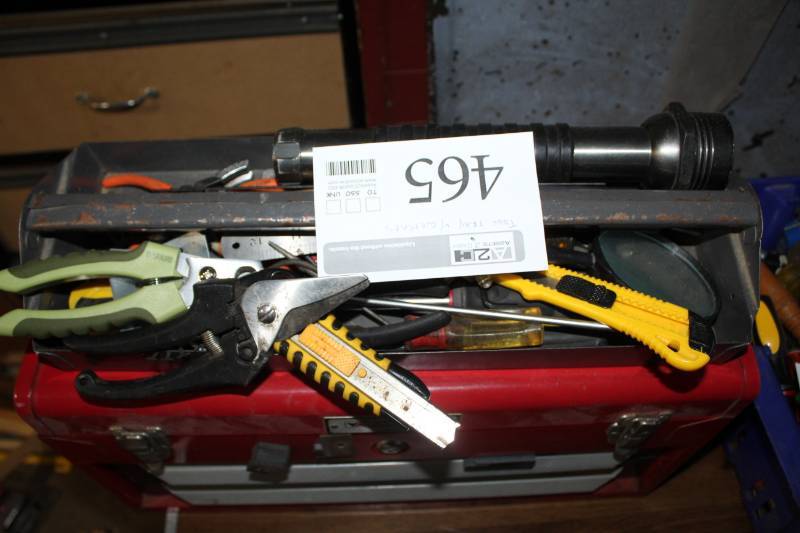 lot 465 image: Tool Tray, Flashlight, Utility Knife, Snips, Level, Pliers, Ruler, And More