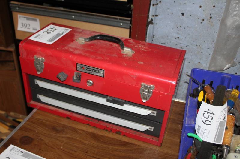 lot 458 image: Vermont American 2-Drawer Metal Locking Tool Box, Levels, Buffer Wheel, Squares, Rulers, And More