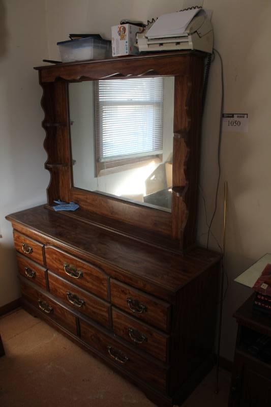lot 1050 image: Wooden Dresser with Framed Mirror