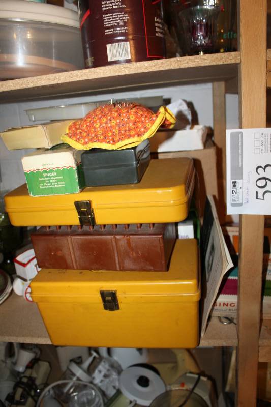 lot 593 image: Sewing Supplies and Accessories, Wool, Ribbon, Thread, Skirt Markers, Buttonholer, And More