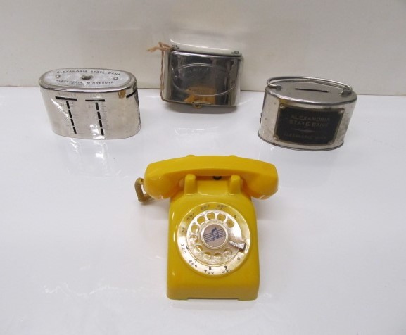 lot 163 image: 3 Vintage Coin Banks w Musical Phone