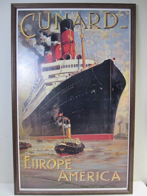 lot 5 image: LARGE Vintage CUNARD LINE Framed Advertising Poster
