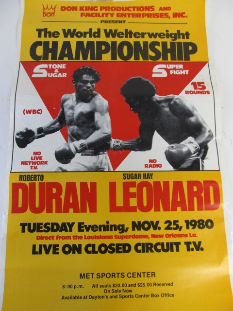 lot 7 image: Original 1980 Roberto Duran VS Sugar Ray Leonard Heavyweight Championship Boxing Poster