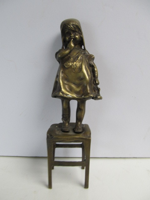 lot 209 image: Vintage Solid Bronze or Brass Girl Holding Shoe Sculpture - After Juan Clara