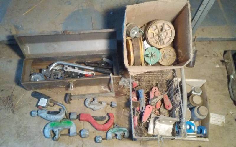 lot 50 image: Tool Box With Plumbing Tools, Tube Cutters, Benders, Brushes, Tape, Sealant