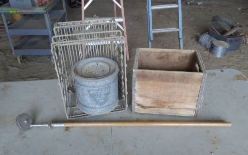 lot 81 image: Old Milk Crate (Minnesota Milk), Wood Milk Crate, Magnet Tool, Galvanized Minnow Pail