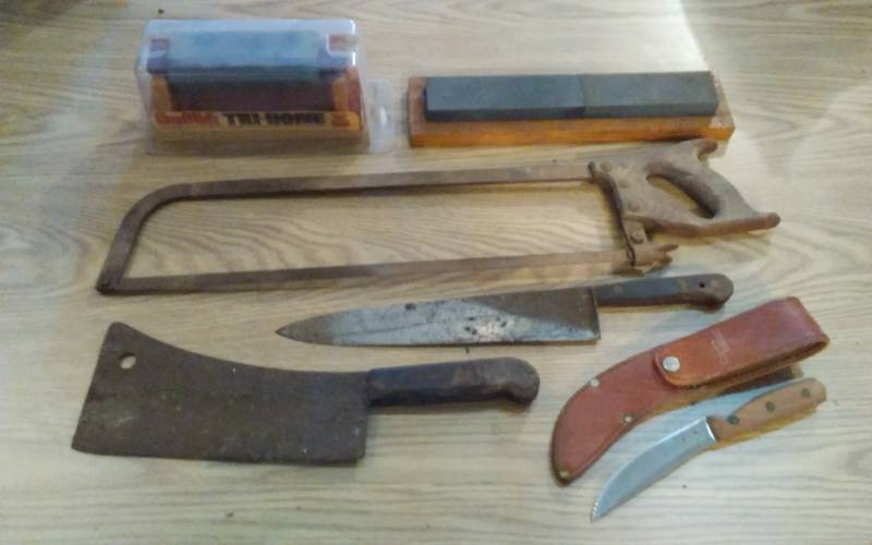 lot 101 image: Hand Saw, Knives, Sharpening Stone