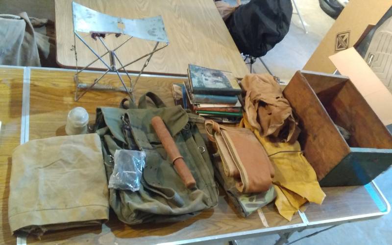 lot 104 image: Vintage Folding Camp Stool, Gun Cases, Deer Hide, Old Wood Box, Misc