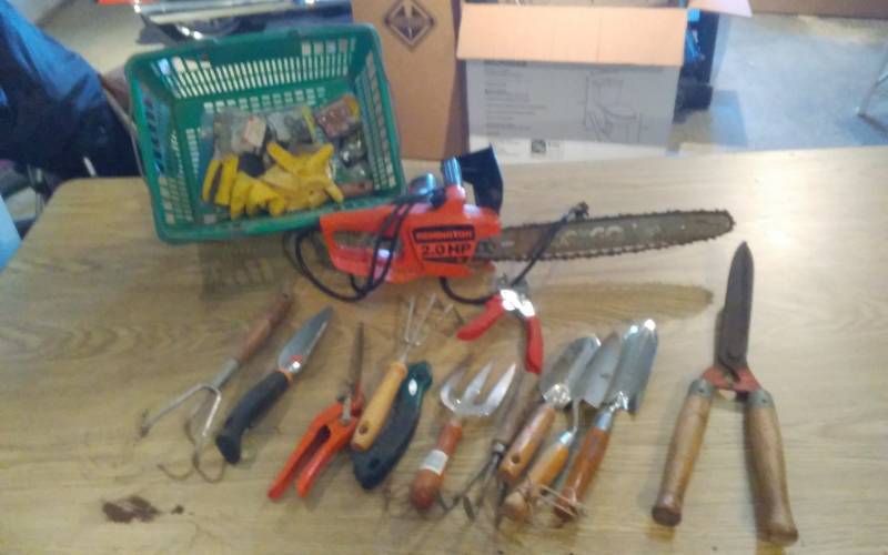 lot 127 image: Remington Electric Chain Saw, Assorted Garden Tools