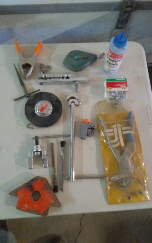 lot 154 image: 100 Ft. Tape Measure, Chalk Line With Chalk, Rivet Gun, Magnet
