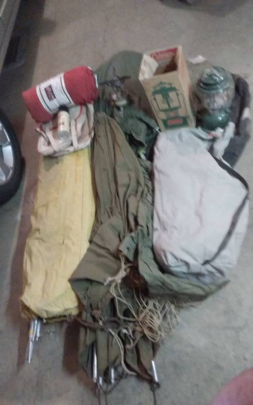 lot 158 image: Large Tent With Poles (Looks Like Army Tent), Hammock, Other Tent, Coleman Lantern, Mini Stove, Bags, Water Proof Spray