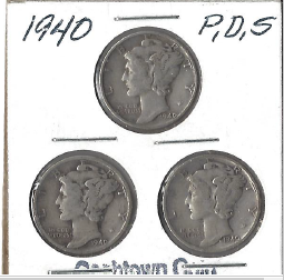 Three Different Mercury Dimes - 1940, 1940-D, & 1940-S
