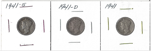 Three Different Mercury Dimes - 1941, 1941-D, & 1941-S