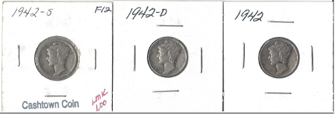 Three Different Mercury Dimes - 1942, 1942-D, & 1942-S