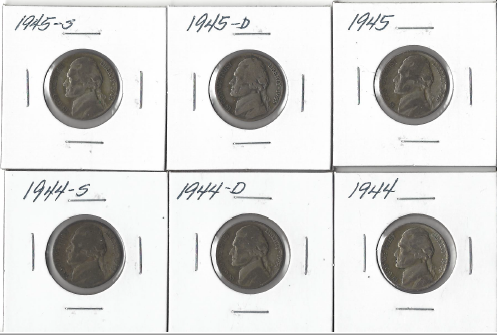 Six Different Silver War Nickels - 1944 P,D,S & 1945 P,D,S
