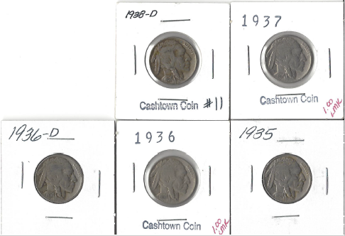 Five Different Buffalo Nickels - 1935, 1936, 1936-D, 1937, &  1938-D