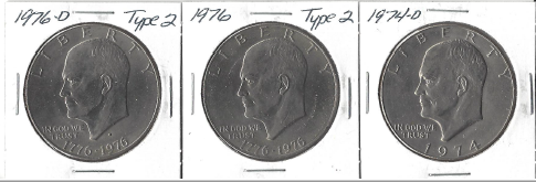 Three Different Ike Dollars - 1974-D, 1976 Type 2, & 1976-D Type 2