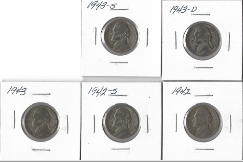Five Different Silver War Nickels - 1942 P,S & 1943 P,D,S