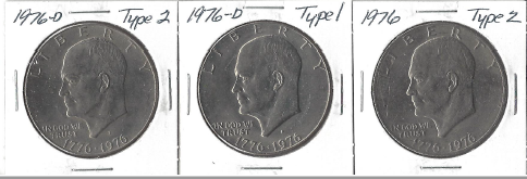 Three Different Ike Dollars - 1976 Type 1, 1976-D Type 1, & 1976-D Type 2