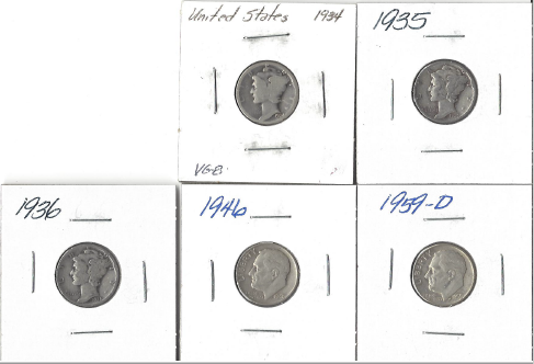 5 Silver Dimes - 1959-D, 1946, 1936, 1935, & 1934
