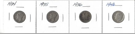 4 Silver Dimes - 1946, 1936, 1935, & 1934