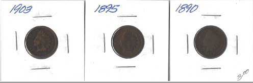 Three Indian Head Pennies - 1890, 1895, & 1905