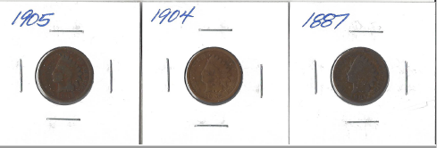 Three Indian Head Pennies - 1887,1904, & 1905
