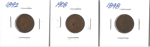 Three Indian Head Pennies - 1892, 1898, & 1908