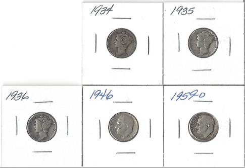 5 Silver Dimes - 1959-D, 1946, 1936, 1935, & 1934