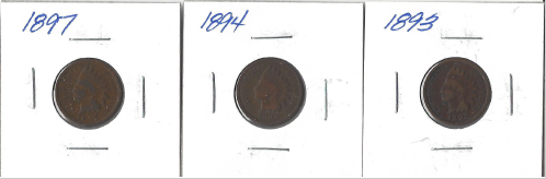 Three Indian Head Pennies - 1893, 1894, & 1897