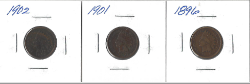 Three Indian Head Pennies - 1896, 1901, & 1902