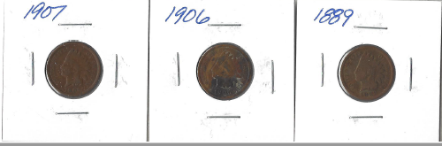 Three Indian Head Pennies - 1889, 1906, & 1907